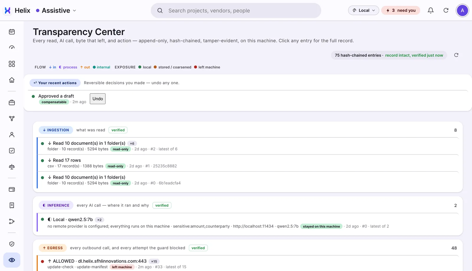 The Helix Transparency Center: AI calls, where each ran, sensitive fields, and outbound calls